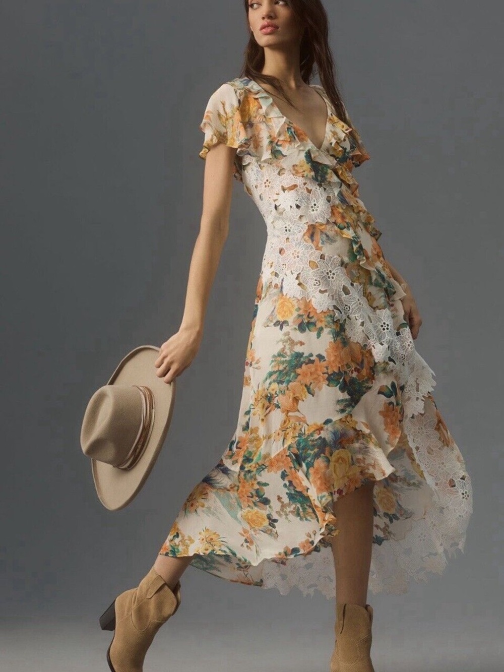 By Anthropologie Like New Floral Lace-Trim Ruffle Midi Dress in Cream and Orange